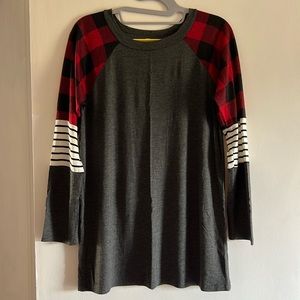 Tunic style top with Buffalo plaid shoulder detail